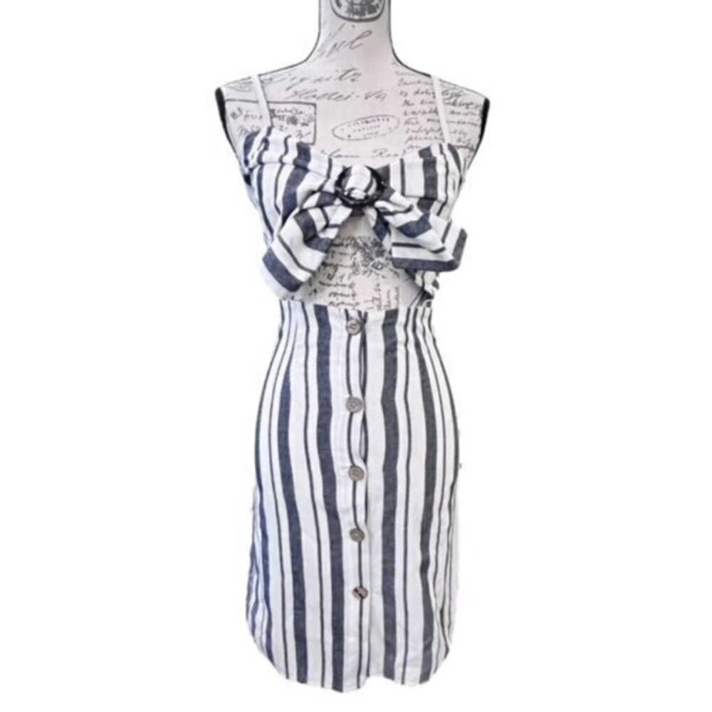 BOOHOO Sexy BODYCON Blue White Striped Dress Cut Out Bodice Front Bow Size 8 NWT